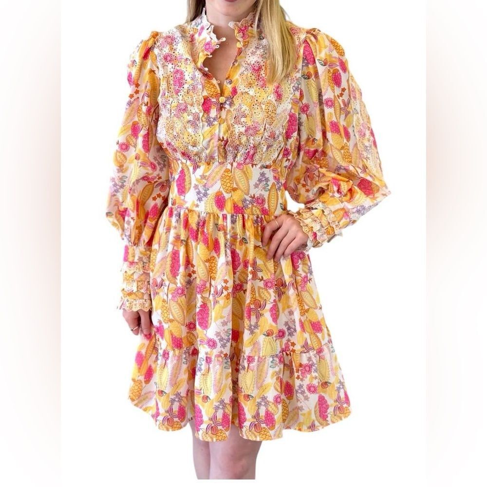Ruffle Lace Floral Puff Sleeve Dress Size M Cottage Core
